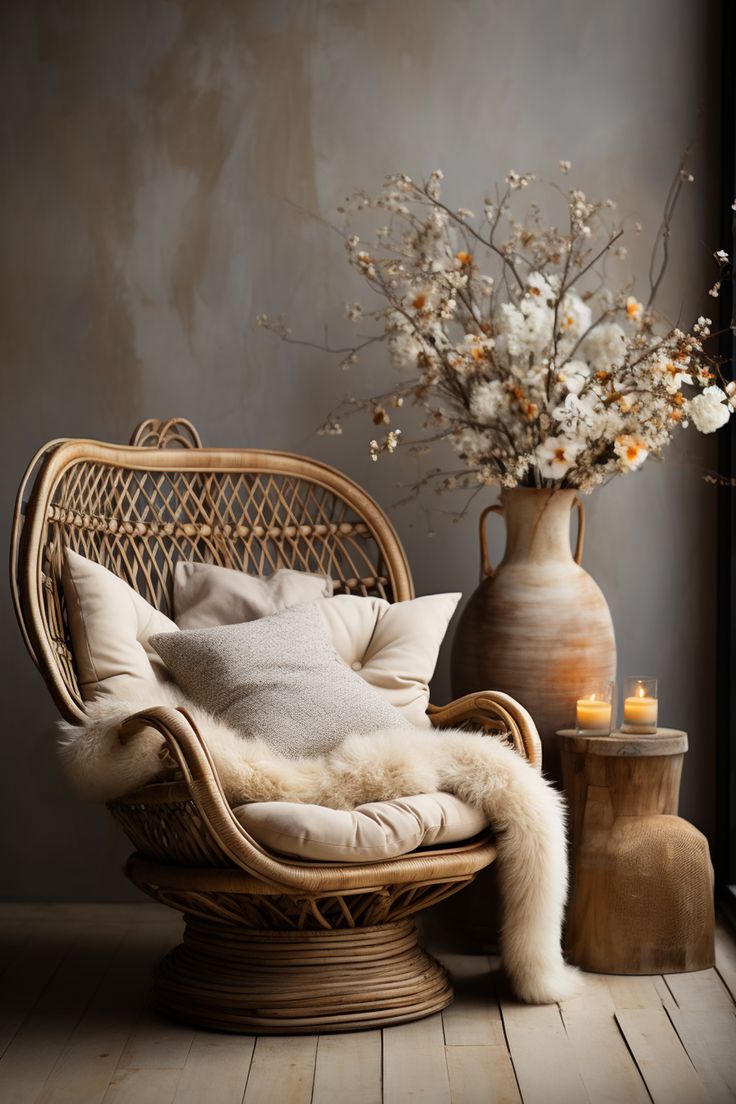 a wicker chair next to a vase with flowers in it and candles on the floor