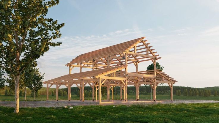 a large wooden structure sitting in the middle of a field