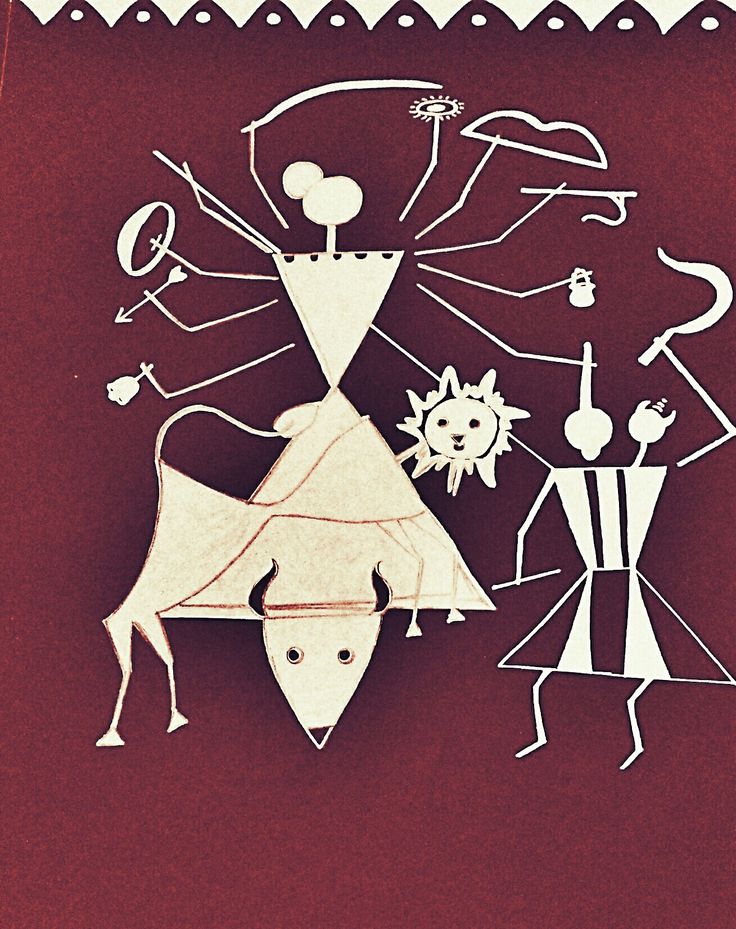 an artistic paper cut design with people and animals in the middle, on a red background