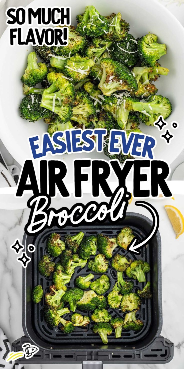 broccoli is being cooked in an air fryer with the words, fasset ever air fryer broccoli