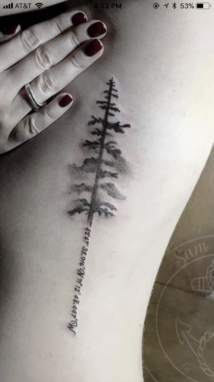 a woman's lower back with a pine tree tattoo on her left side ribcage