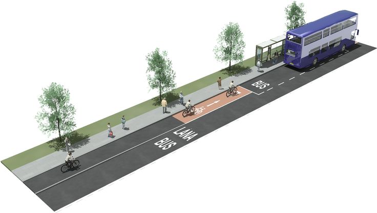 an artist's rendering of a bus stop and bike path