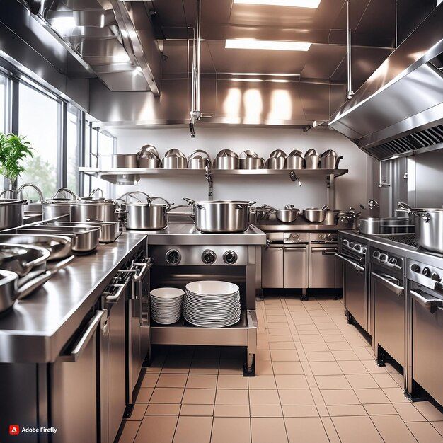 an industrial kitchen with stainless steel appliances and pots