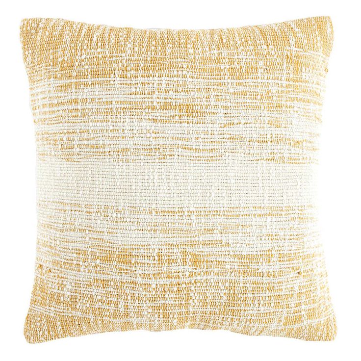 a yellow and white pillow on a white background