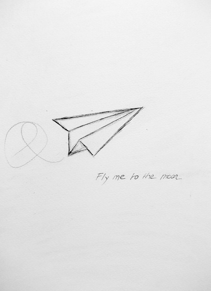 a drawing of an origami plane and the words fly me to the moon