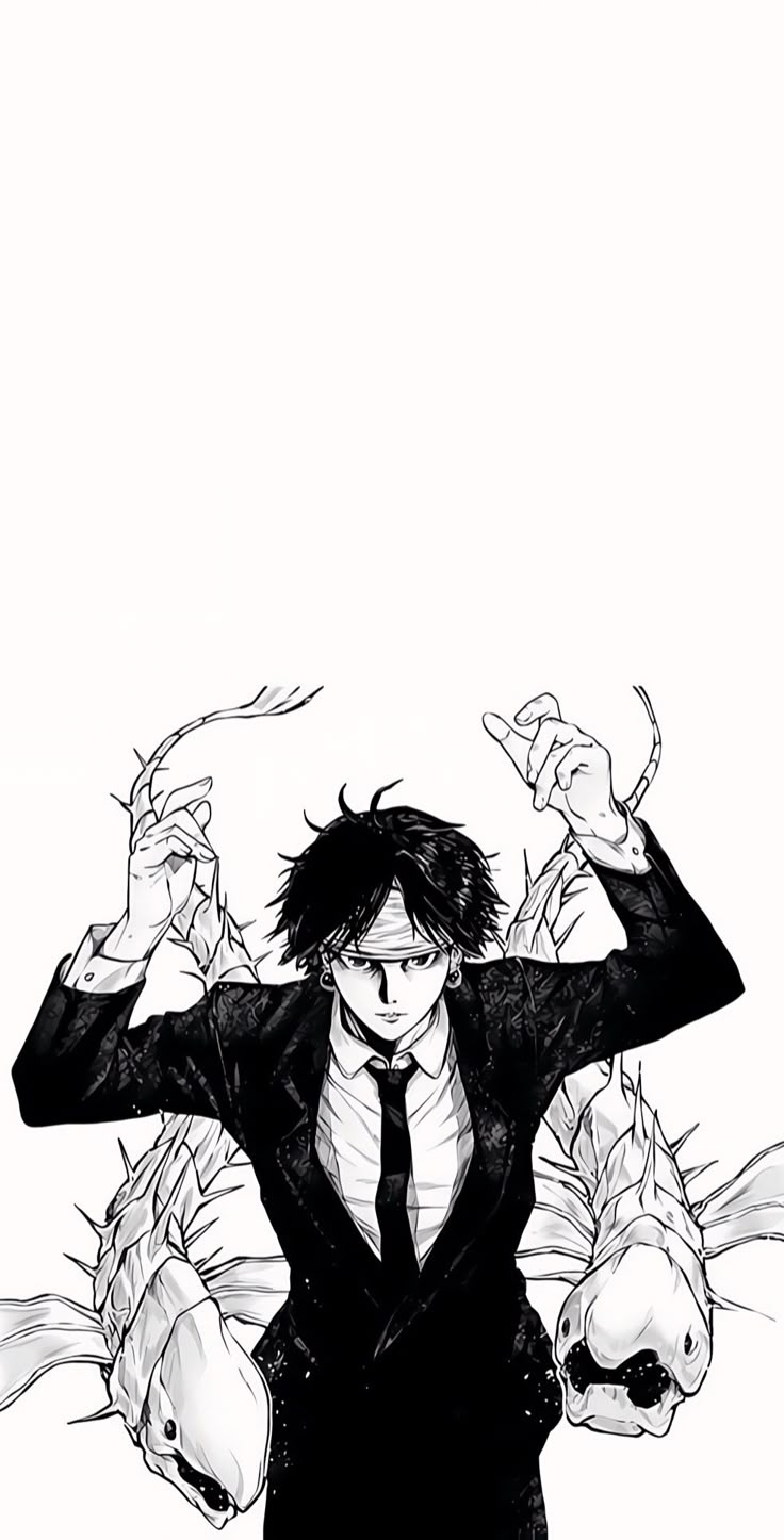 a drawing of a man in a suit and tie holding his hands up with both hands