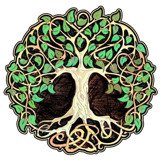 a drawing of a tree with green leaves on it's trunk and roots in the shape of a heart