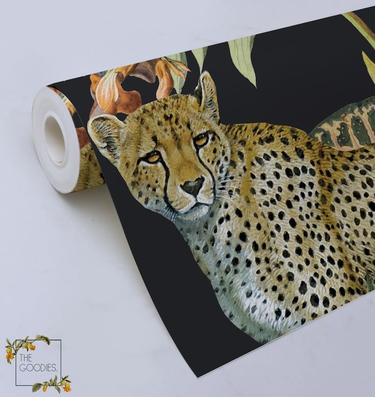 a painting of a cheetah is shown on the wall next to a roll of tape