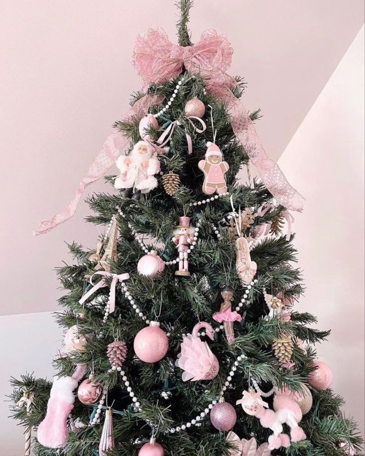 a small christmas tree with pink ornaments on it