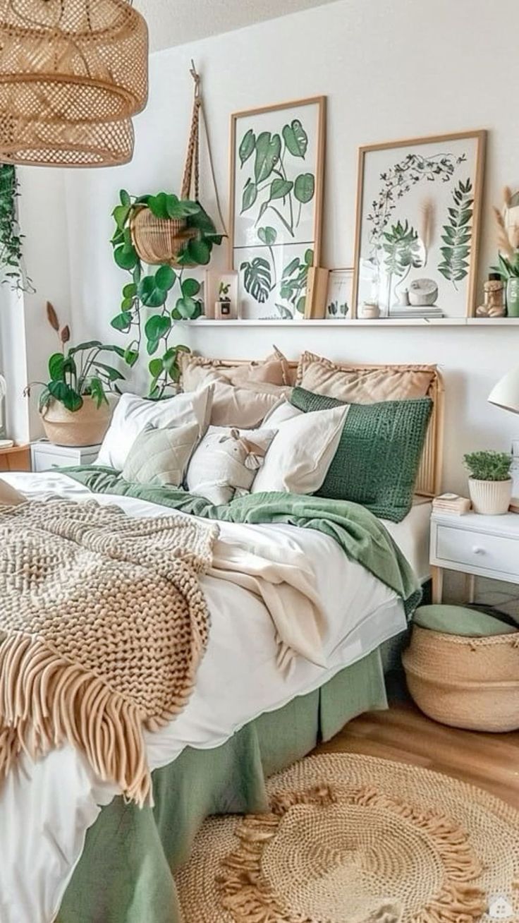 a bedroom decorated with plants and wicker furniture