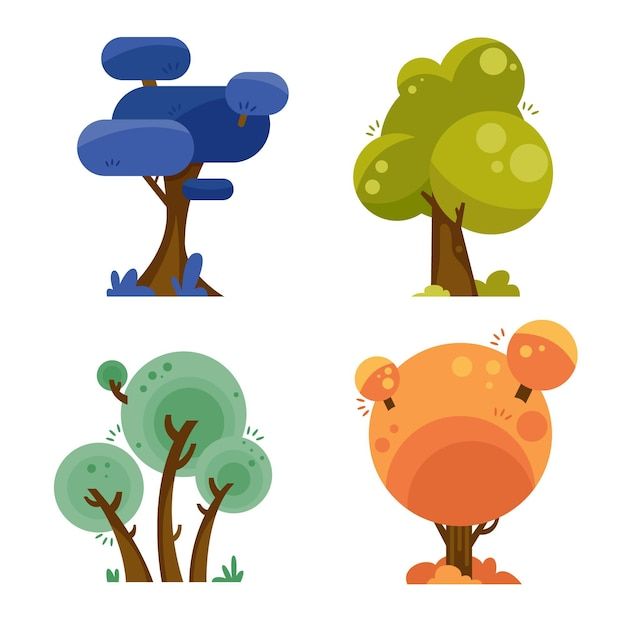 four trees with different shapes and colors