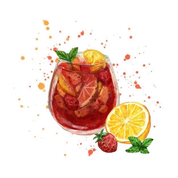 a watercolor painting of a drink with oranges and strawberries