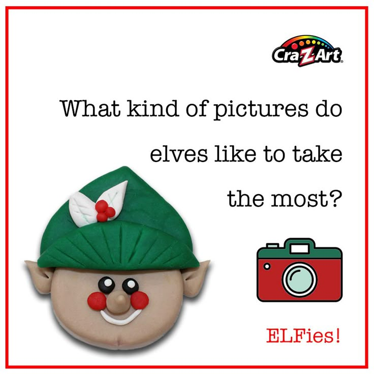 an elf with a green hat and red nose is next to the caption that says, what kind of pictures do elves like to take the most?