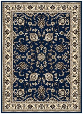 a blue rug with an ornate design on the bottom and beige trimming around it