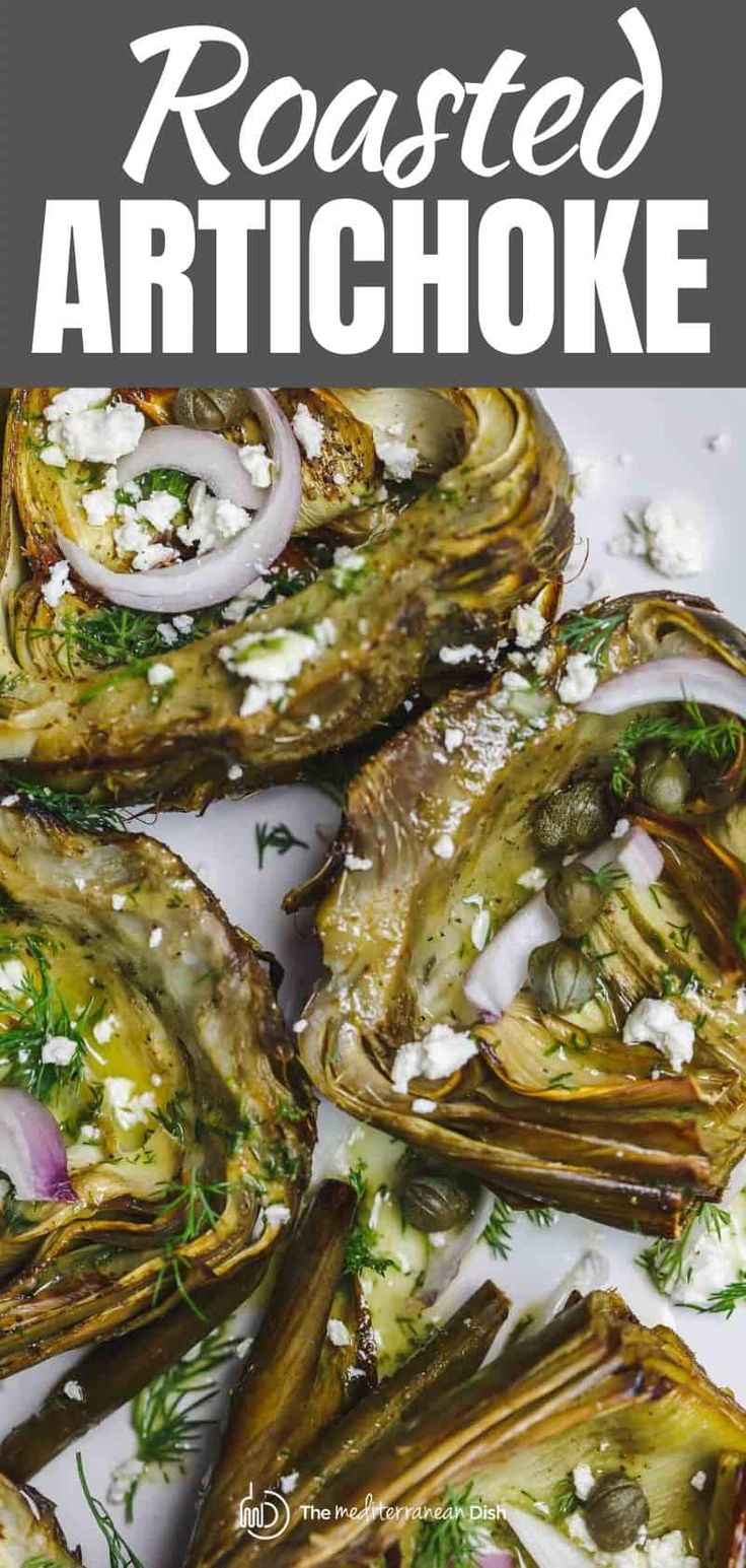 roasted artichoke with herbs and feta cheese on top, served in a white plate