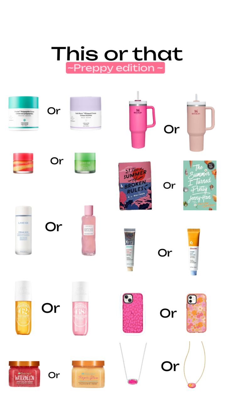 This or that! (Preppy Edition) which do you prefer? #preppy #skincare #beauty #fyp #thisorthat Lash Website, Preppy Makeup, Preppy Skincare, Preppy Accessories, Drunk Elephant Skincare, Preppy Gifts, Preppy Inspiration, Skin Care Routine Order, Packing Hacks Clothes