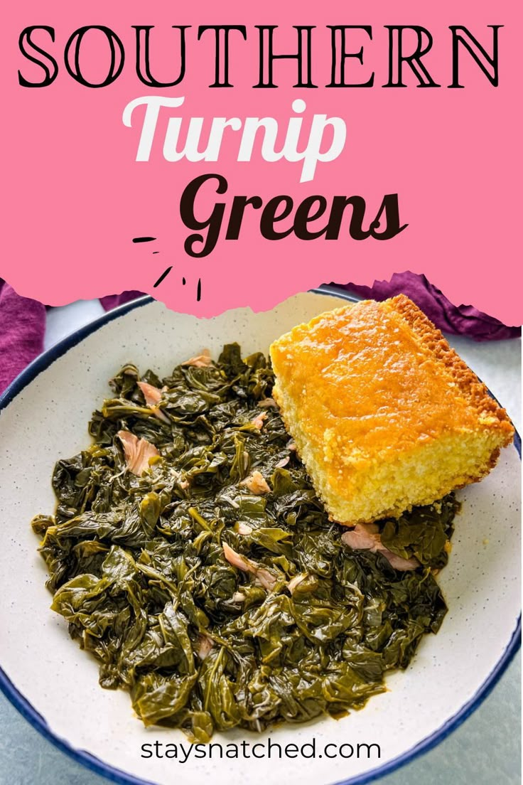 a white plate topped with spinach and bread next to a pink sign that says southern turnip greens