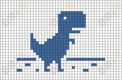 a cross stitch pattern with the silhouette of a blue dinosaur on it's back