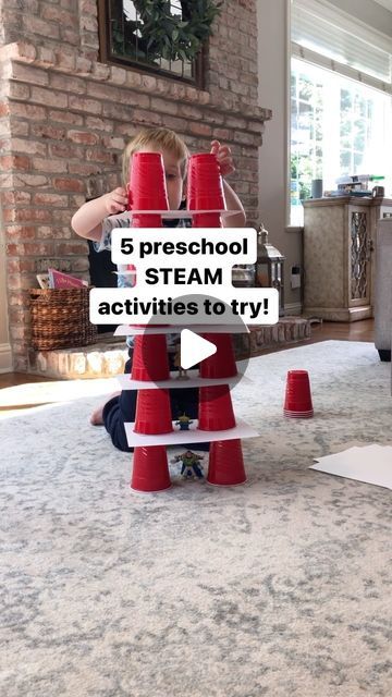 a person sitting on the floor in front of red cones with text reading 5 preschool steam activities to try