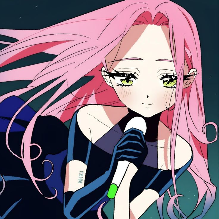 a girl with pink hair and green eyes is holding her hand up to her chest