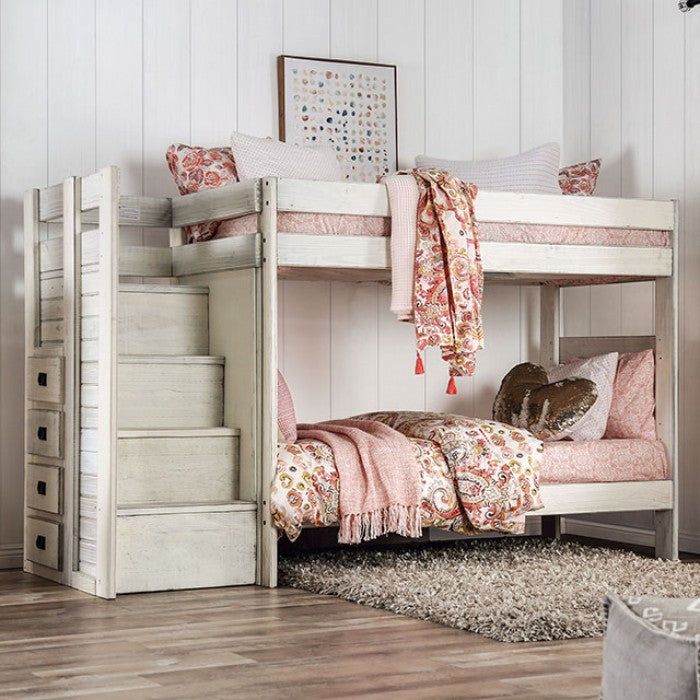 Furniture of America - Ampelios Twin Bunk Bed in White - AM-BK102WH
This bunk bed is packed with features you'll love. A front access staircase helps distinguish this set from the herd. Built in drawers on the side of the stairs make for a lavish space saving option. The deep wooden tones and grain offer the room a rustic vibe that's simply charming.
Features:



Ampelios Collection Twin Bunk Bed 

White Finish
Pine Wood, Others
Plank Style Construction
Front Access Steps
Drawers in Staircase
11 Pc. Slats Top & Bottom
American Pine Construction
Slats Included

Rustic Style

Some Assembly Required


















Dimensions: 107"L X 41"W X 62"H Bunk Bed Steps, Built In Drawers, White Bunk Beds, Youth Furniture, Twin Bunk Bed, Bunk Beds With Stairs, Bunk Bed Designs, Rustic Bedding, Twin Bunk Beds