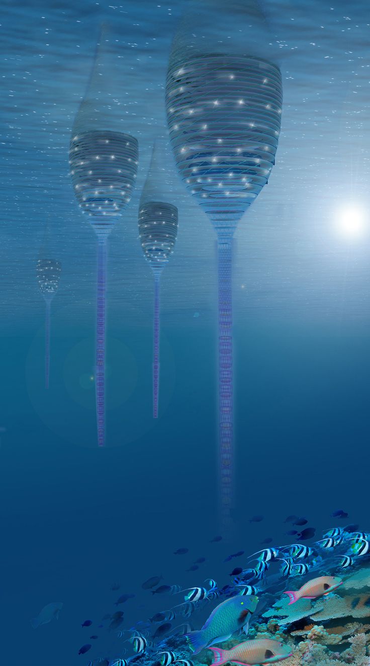 an underwater scene with three lamps and fish in the water, surrounded by corals