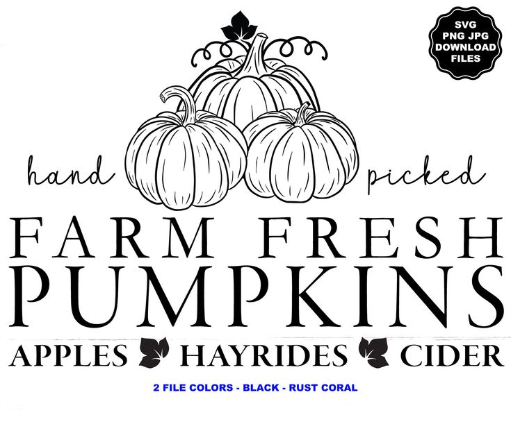 the farm fresh pumpkins logo is shown in black and white, with an image of three