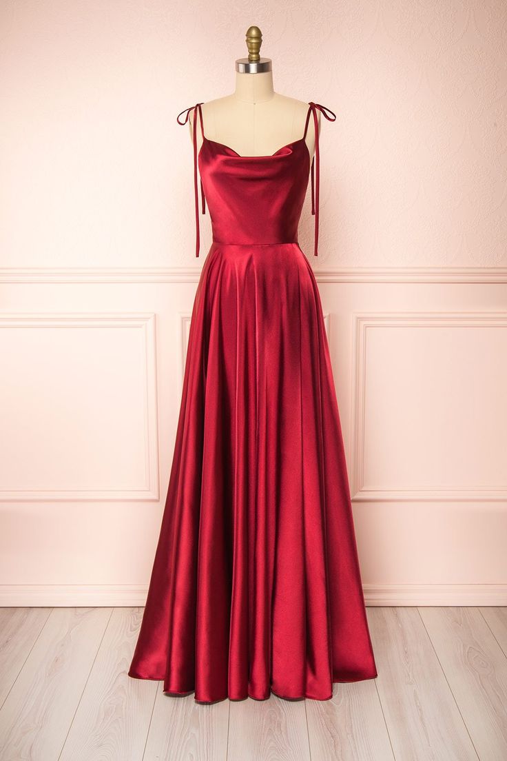 Moira Burgundy Cowl Neck Satin Maxi Dress w/ High Slit | Boutique 1861 front view Prom Dresses Long Black, Red Prom Dress Long, Dress Satin Bridesmaid, A Line Evening Dress, Spaghetti Strap Prom Dress, Boutique 1861, Black Prom Dress, School Dance, Long Bridesmaid Dress