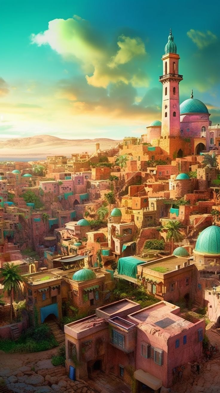 an artistic painting of a city in the desert