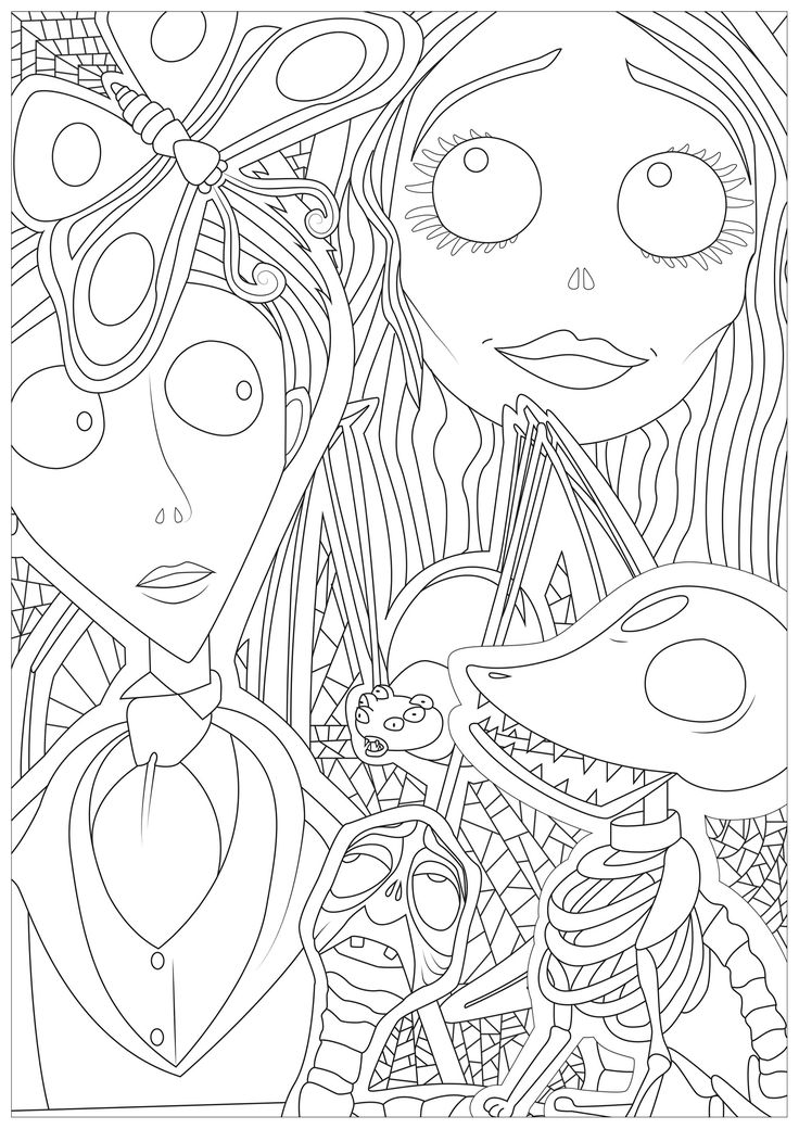 an adult coloring book page with two faces and the title's image is in black and white