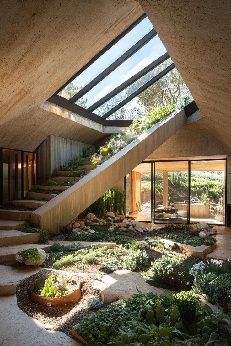 an indoor space with stairs and plants on the ground