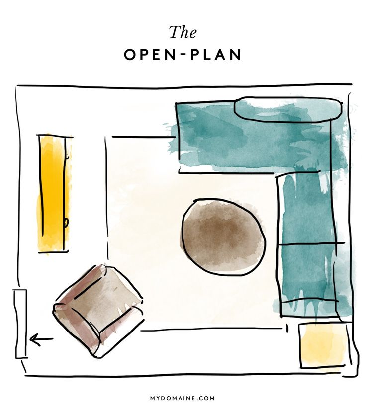 a drawing of a living room with the open plan on it's side wall