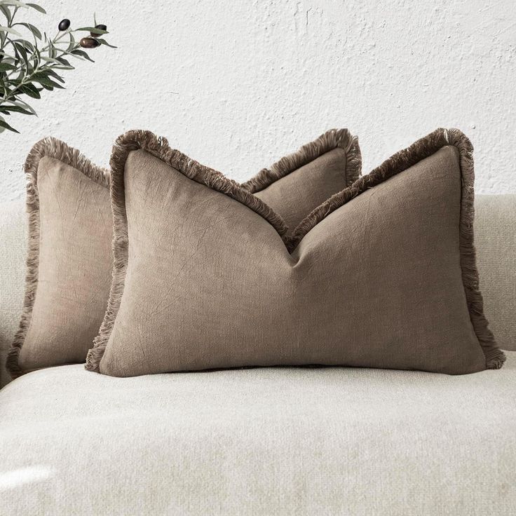 two pillows sitting on top of a couch next to a vase with flowers in it