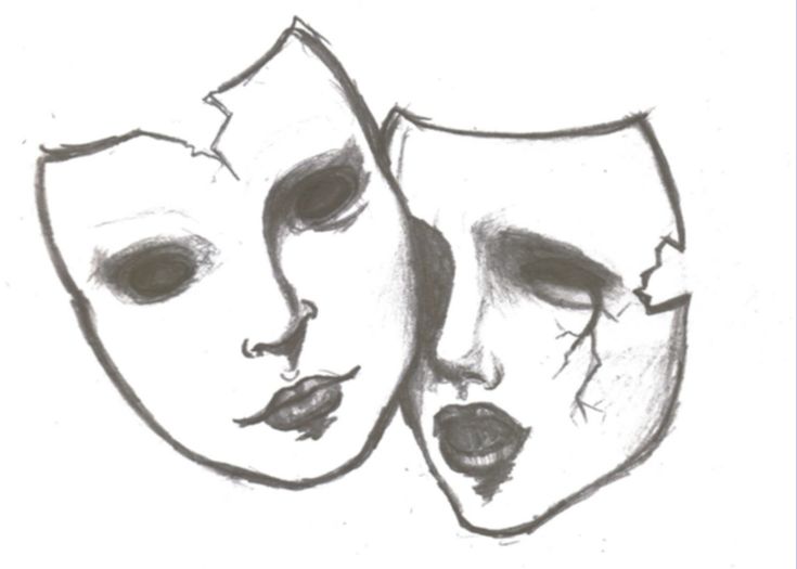 two masks drawn in black and white with one being half - face to the other