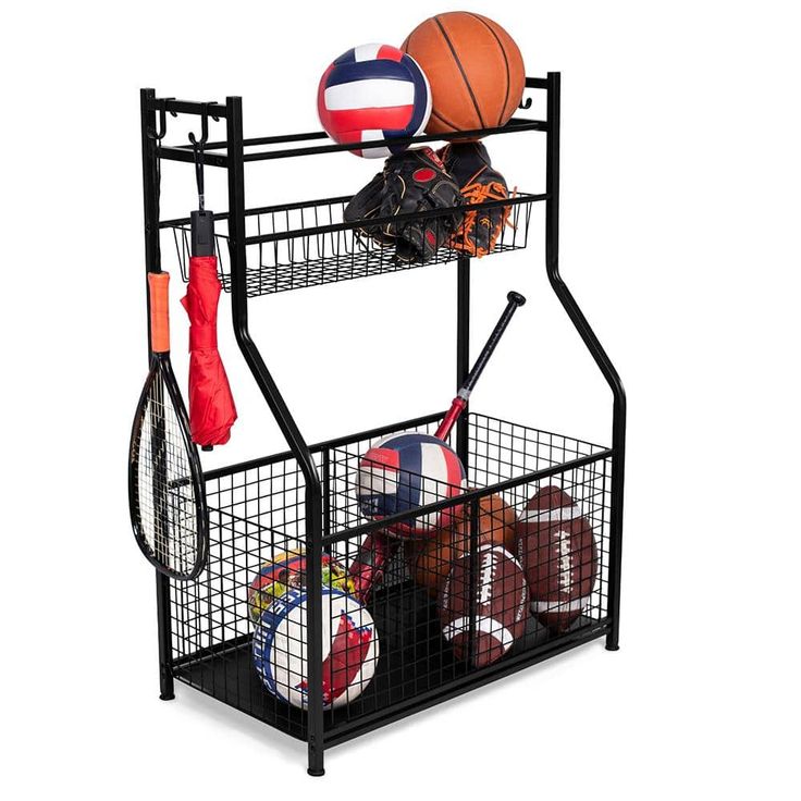 a metal rack with basketballs, gloves and balls on it's bottom shelf