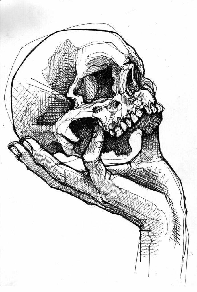 a black and white drawing of a human skull in the palm of someone's hand