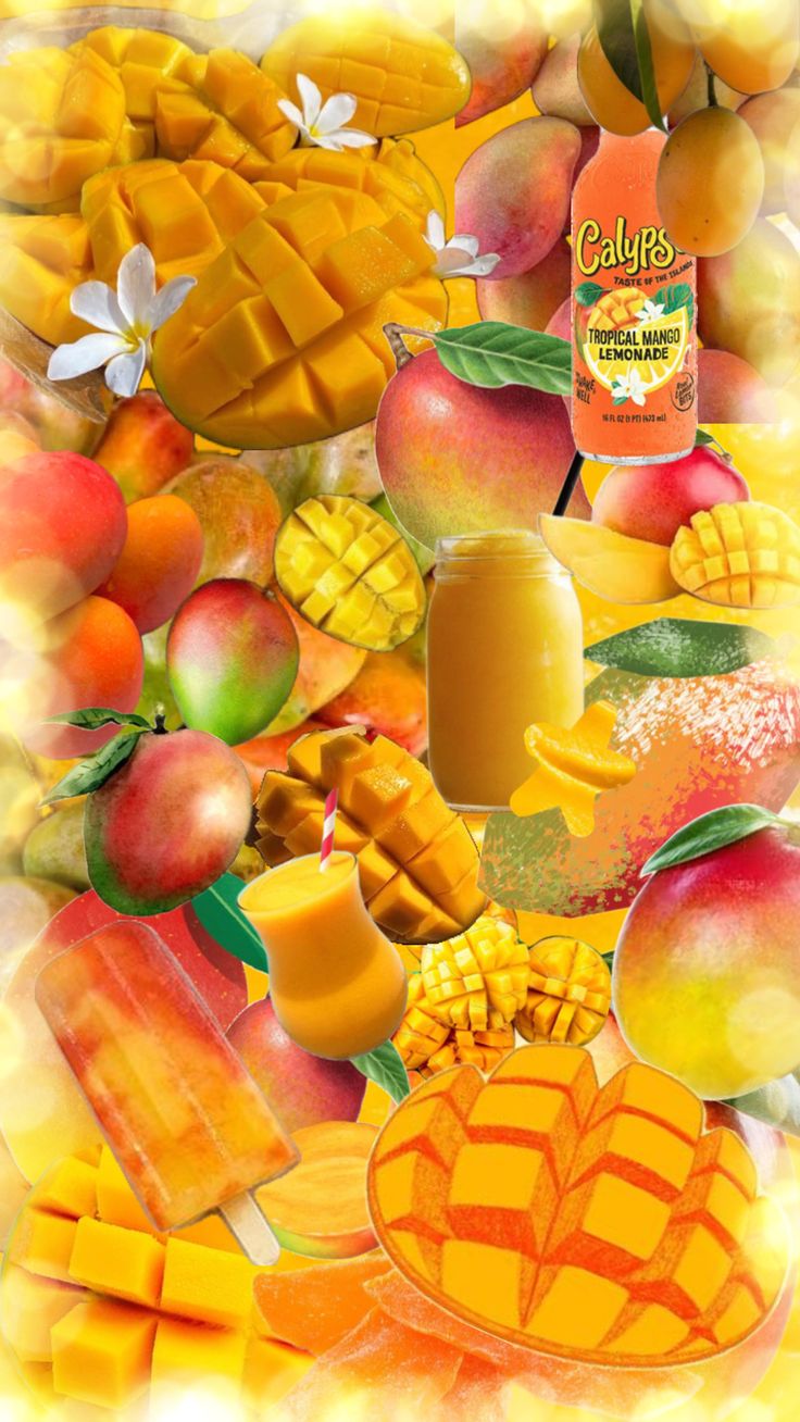 a collage of various fruits and vegetables including mangoes, pineapples, peaches