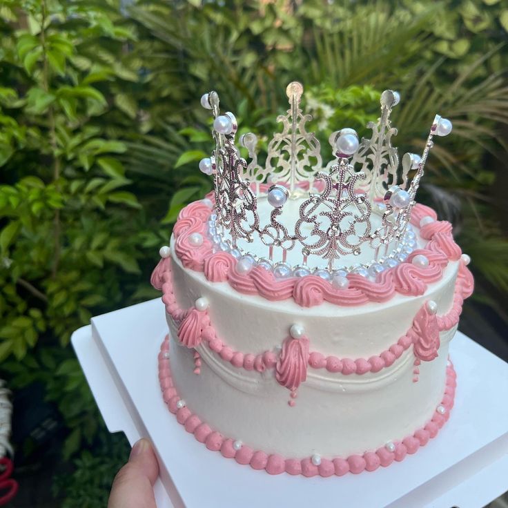 a pink and white cake with a tiara on top is being held by a person