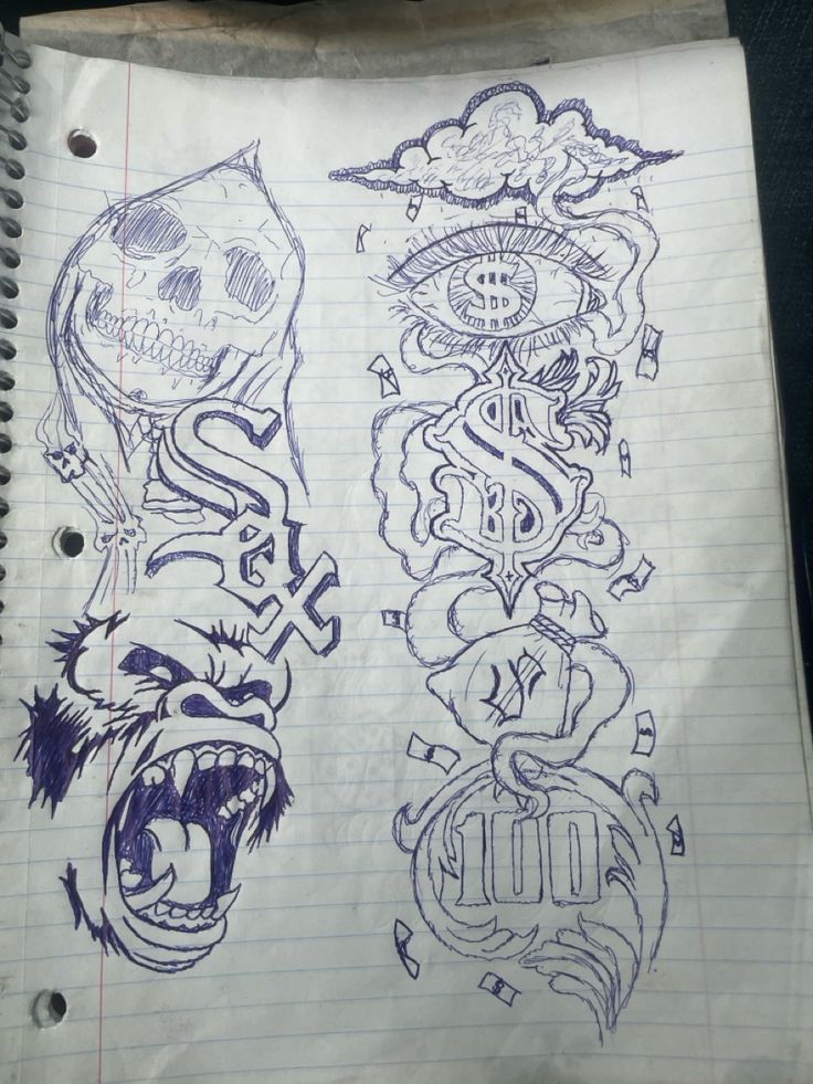 a notebook with two drawings on it and one has a skull, the other is a demon