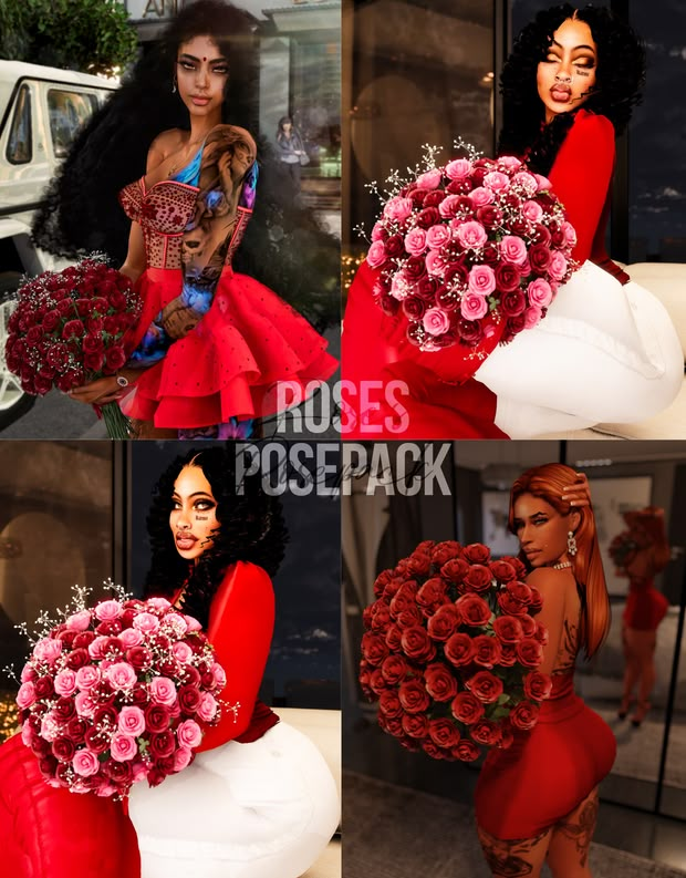 a collage of photos with flowers and a woman in a red dress holding a bouquet