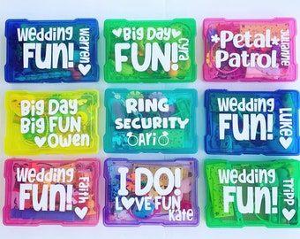 six plastic magnets with words on them that say i do fun, ring security and wedding fun