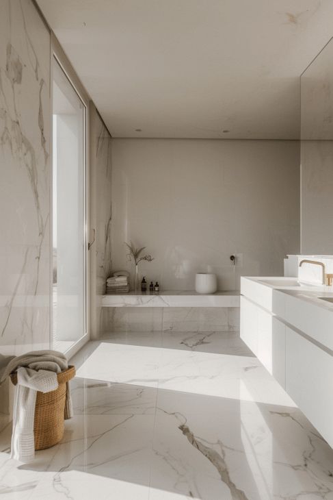 a large bathroom with marble floors and white walls, along with an open bathtub