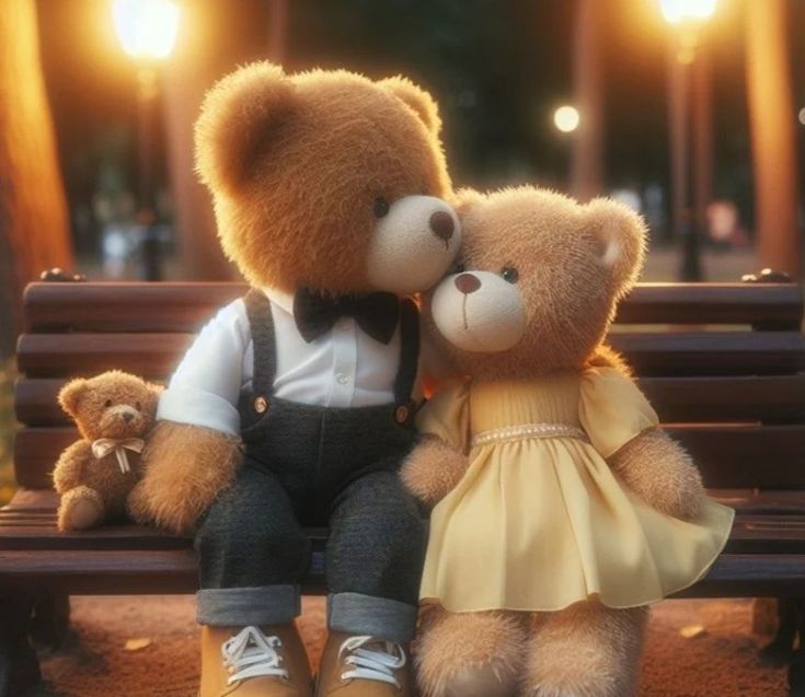 two teddy bears are sitting on a park bench with lights in the background and one is wearing a tuxedo