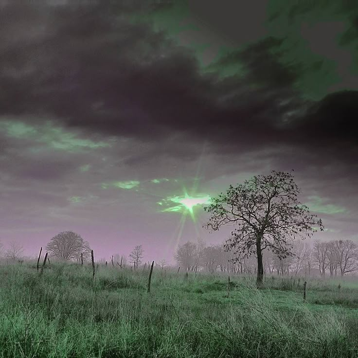 the sun shines brightly in this green and purple sky over a grassy field with trees