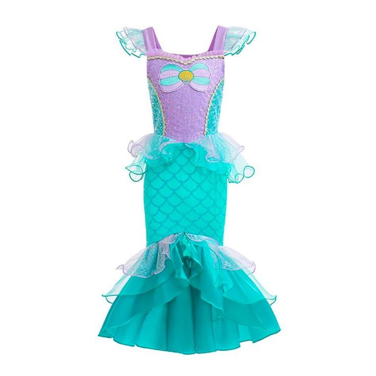 Dive Into A World Of Enchantment With Our Mermaid Princess Dress! This Stunning Outfit Features A Beautiful Purple Seashell Bodice Adorned With Sequins, Delicate Ruffled Off-The-Shoulder Sleeves, And A Shimmering Turquoise Mermaid-Style Skirt. The Detailed Scale Pattern And Layered Tulle Skirt With Floral Accents Bring The Magic Of The Sea To Life. Perfect For Playtime, Costume Parties, Or Special Occasions, This Dress Will Make Your Little One Feel Like A True Undersea Princess. Mermaid Princess Dress, Purple Seashell, Princess Ariel Dress, Ariel Cosplay, Mermaid Cosplay, Sara Dress, Ariel Dress, Layered Tulle Skirt, Scale Pattern