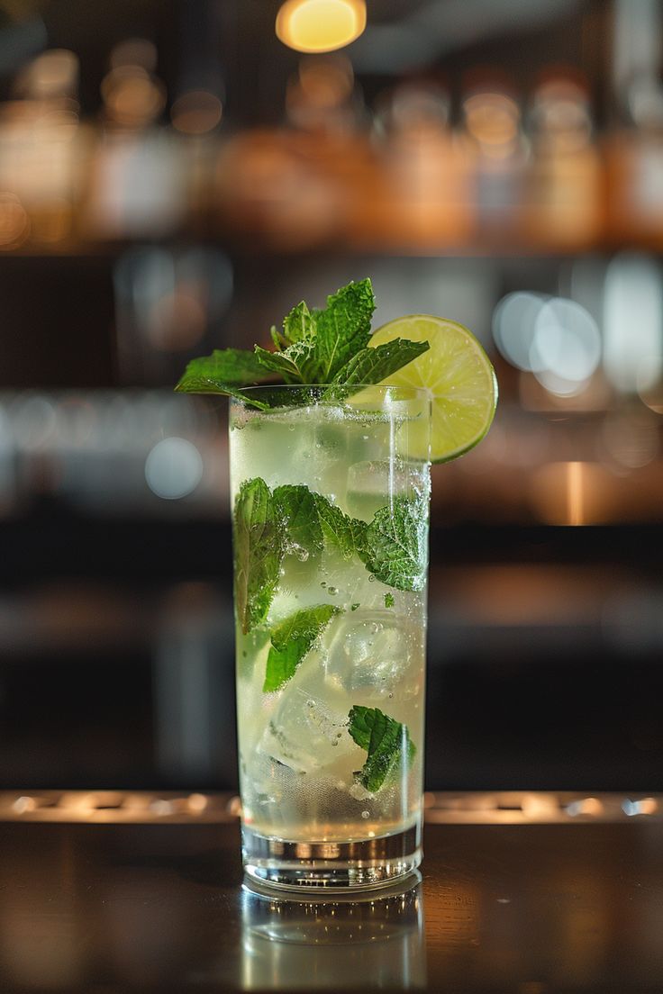 a tall glass filled with ice and mint