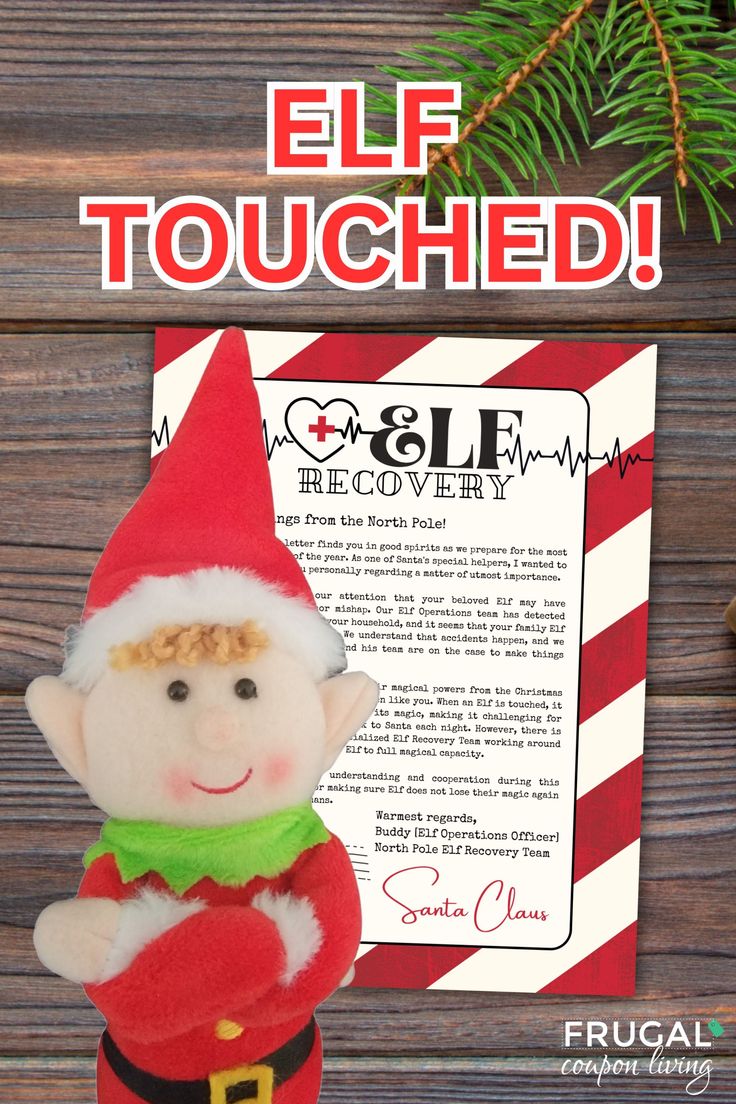 an elf stuffed animal next to a christmas letter