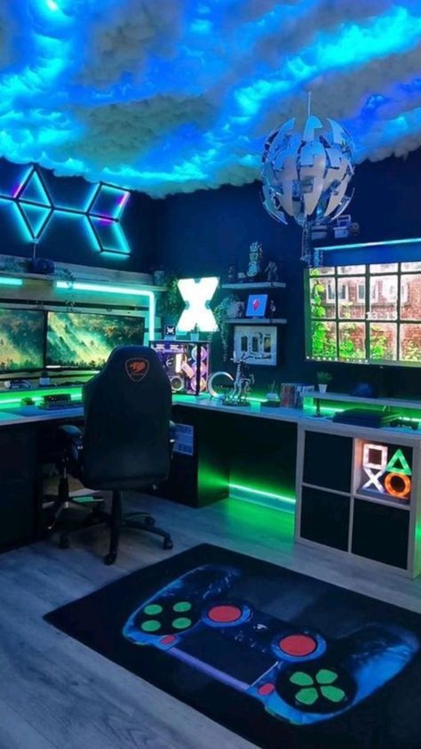 a gaming room with multiple monitors and lights