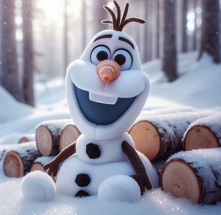 a snowman is sitting in the middle of logs with his nose sticking out and eyes wide open