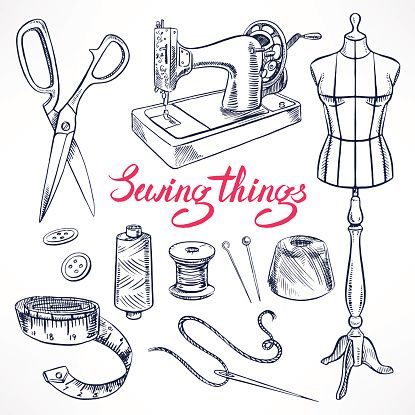 sewing things hand drawn on white paper with red lettering and scissors, needles, thread, spools